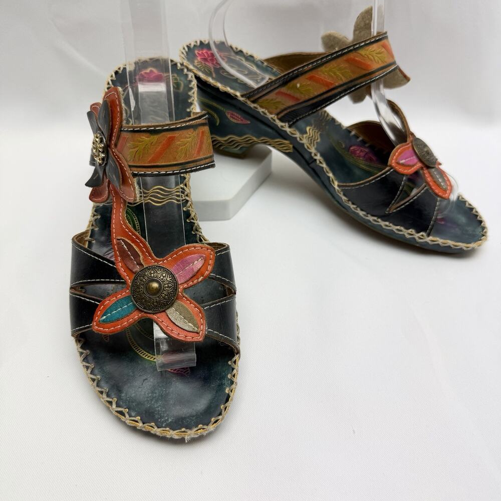 Elite by Corkys Wedge Sandals Size 10 Floral Leather Strappy Boho Whip Stitching